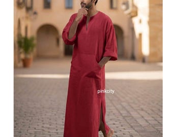 Men's Red Linen Kaftan Thobe, Arabic Jubba Robe, Islamic Modest Wear