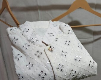White Embroidered Men’s Kurta | Mirror Work Cotton Kurta for Men | Ethnic Festive Wear