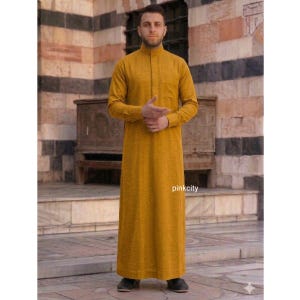 Men Mustard Thobe Jubba, Islamic for Men, Muslim Prayer , Ramadan Eid Outfit, Modest Wear
