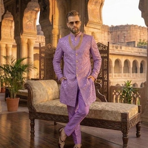 Men’s Mirror Work Sherwani, Indian Wedding Groom Outfit, Indo Western Sherwani for Men image 5