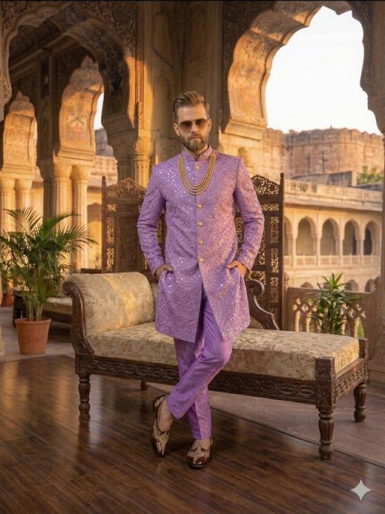 Men’s Mirror Work Sherwani, Indian Wedding Groom Outfit, Indo Western Sherwani for Men image 5