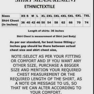 May include: Shirt measurement chart from WND Couture, listing sizes XS to 7XL. Chest measurements range from 36 to 74 inches. The text also includes instructions for selecting the correct size and requesting custom alterations for comfort.