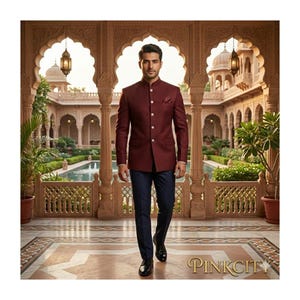 Men's Maroon Jodhpuri Suit Bandhgala Wedding Groom Outfit Royal Indo Western Ethnic Wear