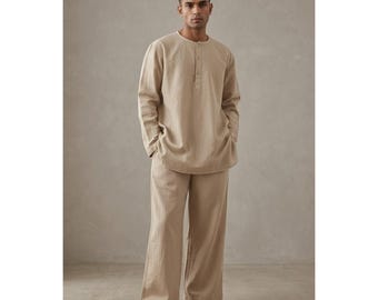 Men's Beige Linen Kurta Pajama Set | Jodhpuri Style Indian Lounge Wear