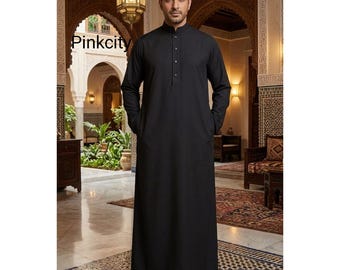 Schwarze Thobe Jubba für Herren: Minimalistische Abaya im saudischen Stil für bescheidene Eid-Abnutzung