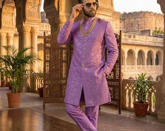 Men’s Mirror Work Sherwani, Indian Wedding Groom Outfit, Indo Western Sherwani for Men