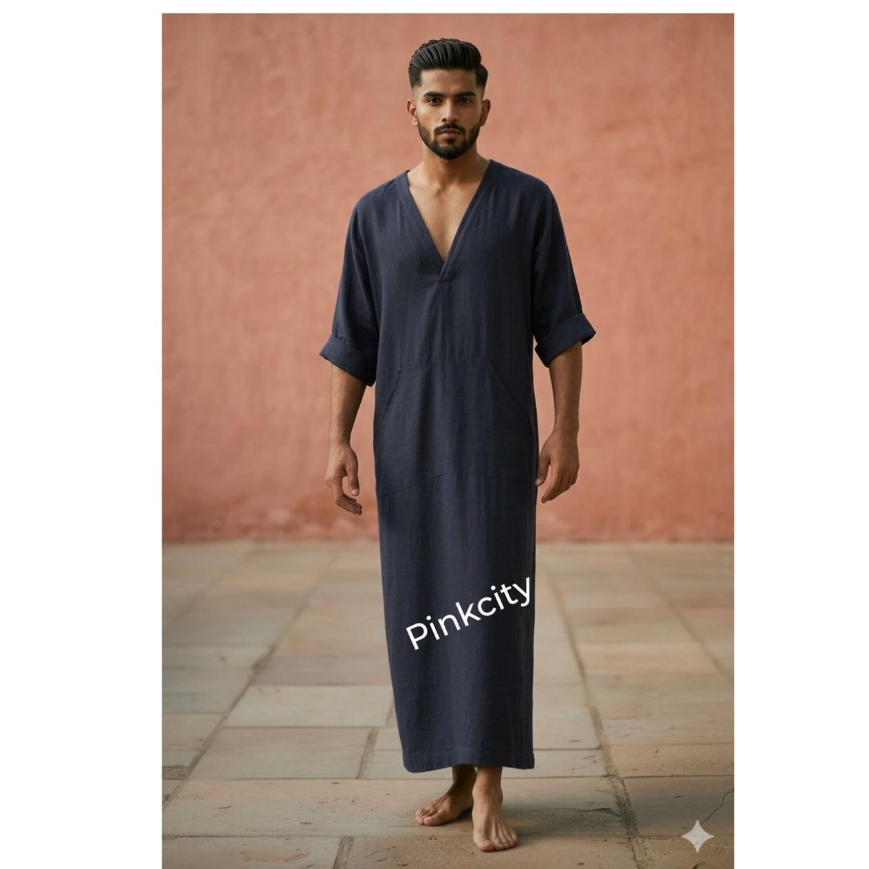 Handmade Men Linen Thobe Kaftan Islamic Prayer Robe Casual Summer Lounge Dress