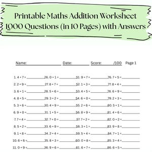 May include: Printable math addition worksheet with 1000 questions and answers. The worksheet includes space for the name, date, and score. The title is in green, and the worksheet is on a white background.