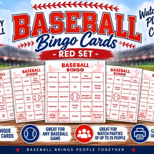 May include: A set of Baseball Bingo cards in a red colour scheme. The cards feature a grid with various baseball terms like Home Run, Fly Ball, and Strikeout. The text includes 'BASEBALL Bingo Cards - RED SET' and 'FUN FOR EVERY BASEBALL GAME!'