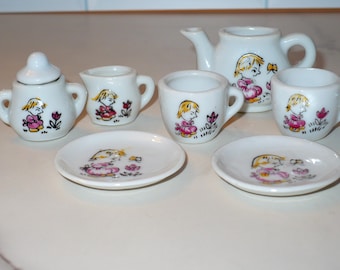 Vintage 1970's Japan Little Girl and Flower Miniature Tea Set ~ 1970's Porcelain China Mini TeaSet Collectible ~ 7pc