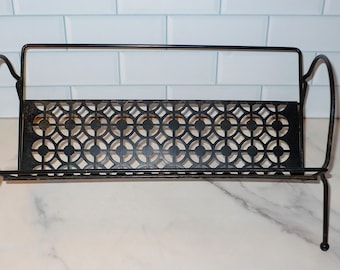 Vintage Mid Century Modern Black Metal Small Tabletop Bookcase Book Rack Shelf Display Kitchen Cookbooks MCM