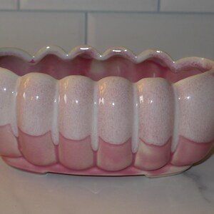 May include: A pink and white ceramic planter with a scalloped rim and a ribbed design. The planter is oval shaped and has a glossy finish.