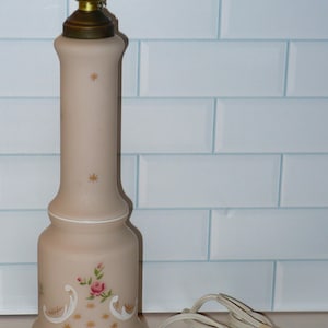 Pink and Clear Frosted Glass Shabby Chic Cottage Core Bedroom Side TABLE LAMP Roses Floral Gorgeous Hand Painted Lamp