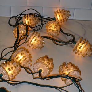 May include: A string of decorative lights featuring frosted, cone-shaped ornaments with warm, glowing bulbs. The lights are strung on a green wire and have a standard US plug.