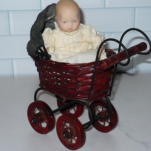 Vintage Wicker Metal & Wood Mini Baby Doll Carriage Stroller Buggy with Porcelain Head and Hands Doll Baby ~ Victorian Baby Carriage 8&quot;