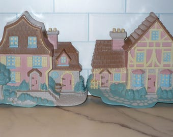 Vintage Burwood Storybook Cottages Wall Plaques 1995 Set of 2 Cottage Core