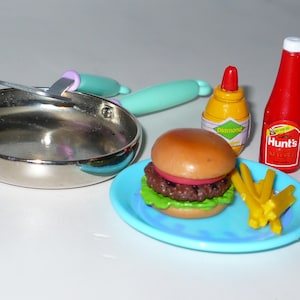 Vintage 1990&#39;s TYCO Kitchen Littles ~ HAMBUGER & FRIES and Accessories ~ Barbie Food ~ Hard to Find ~ 12&quot; Fashion Doll Miniature Food