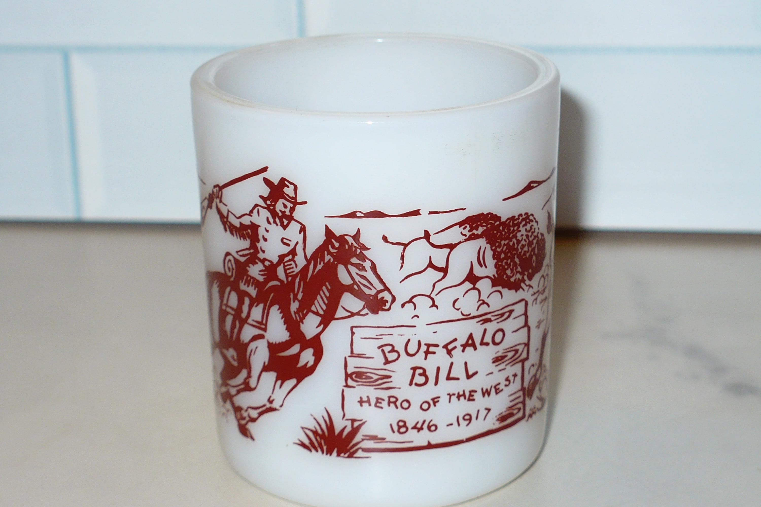 Hazel Atlas Rare BUFFALO BILL Milk Glass Mug Cup ~ Hero of the