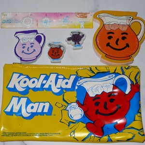 1983 Kool-Aid Man School Bag Pencil Pouch with Rare Accessories ~ Vintage School Bag General Foods Pads of Paper Erasers School Supplies