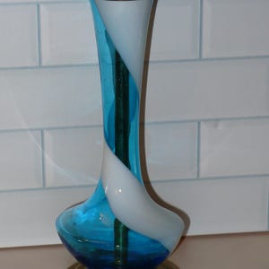 Beautiful Mid Century Modern Blue & White Swirl Glass Bedside Boudoir Table Lamp ~ MCM Swirl Glass