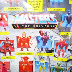 May include: A vintage poster featuring various action figures from the "Masters of the Universe" toy line. The figures are displayed with their names, including He-Man, Skeletor, and Prince Adam. The poster has a retro design.