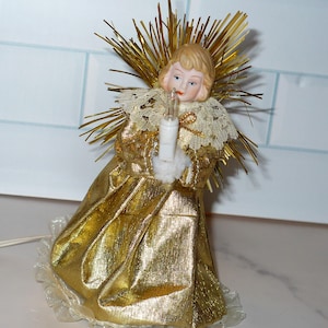 Vintage Mini GOLDEN ANGEL Tree Topper ~ Small Tree Angel Christmas Tree Topper ~ Light Up