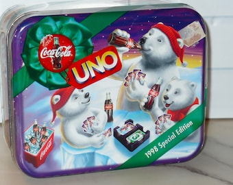 Vintage 1998 Mattel Games UNO Special Coca Cola Coke Christmas Edition Family Card Game Sealed with Tin