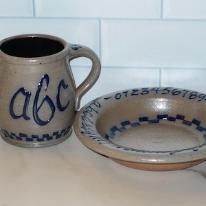 Vintage 1991 Rowe Pottery Baby Toddler Child's Bowl and Cup ABC ~ Alphabet Dish Set