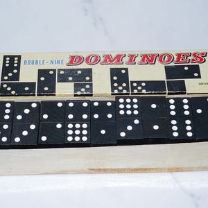 Vintage Jaymar Double Nine Dominoes Wood Complete Original Box White Dots Japan 55 pieces Complete Game