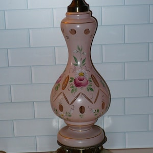 Bohemian Czech Pink and Clear Cased Glass Shabby Chic Cottage Core TABLE LAMP Roses Floral Gorgeous Hand Painted Lamp