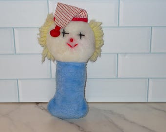 Vintage Eden Toys Clown Plush Baby Rattle ~ Blue Soft Rattle Toy Circus