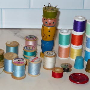 Vintage Knitting Nancy Spool Knitter Painted Bobbin with Thread on Spools ~ Made in Japan