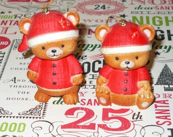 Vintage Kitschy Plastic Teddy Bear in Red Sweater Pair of Christmas Tree Ornaments