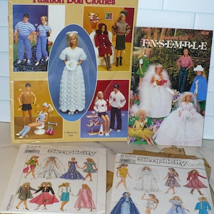 May include: "His" & "Her" Knit Fashion Doll Clothes and Simplicity pattern leaflets featuring doll clothing designs. The image shows various doll outfits, including knitwear, dresses, and ensembles. The leaflets are in a variety of colors and styles.