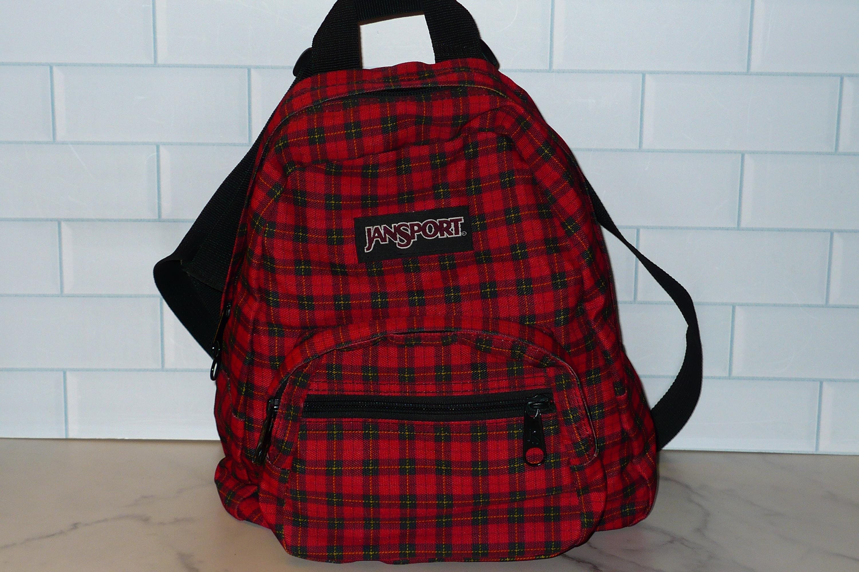 Vintage Y2K Jansport Mini Backpack Black Red Tartan Plaid Purse