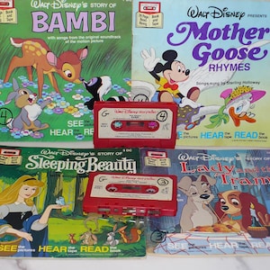 4 Vintage Disney Children&#39;s LEARN to READ Books and Tapes ~ Lot of 4 Classic Stories ~ Sleeping Beauty Lady and the Tramp Bambi Mother Goose