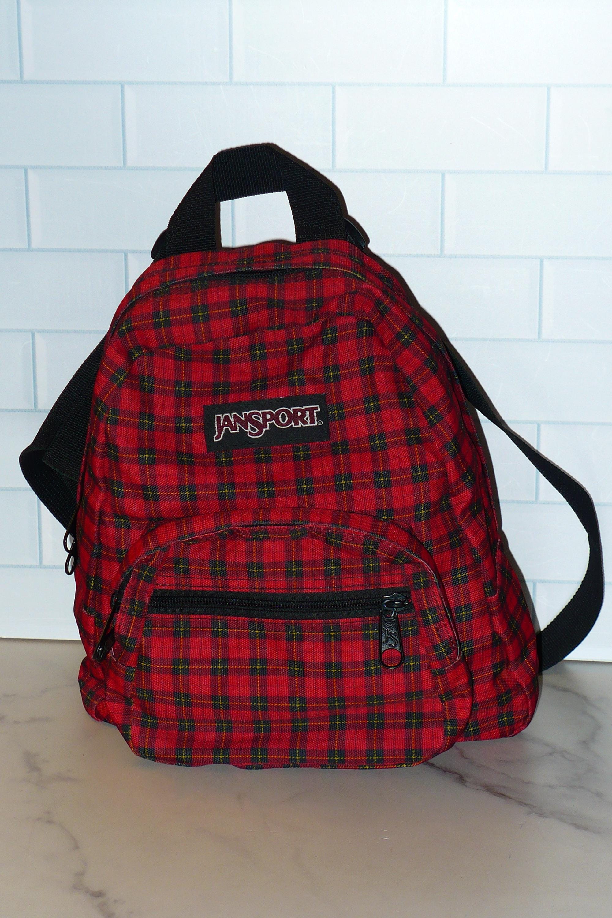 Vintage Y2K Jansport Mini Backpack Black Red Tartan Plaid Purse