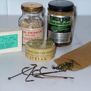 Vintage Lot of Fishing TACKLE Hooks and Swivels Vintage Fish Bait Red Demon Uncle Josh Pflueger