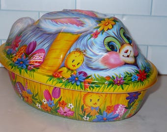 Vintage Easter Ullman Co. Easter Bunny Candy Container Molded Plastic Lidded 3-D Easter Basket Rabbit Box