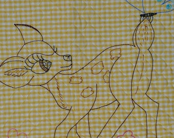 Vintage 1970's 80's Walt Disney BAMBI Yellow Gingham Baby Blanket Crib Quilt ~ Butterfly Hand Embroidery 28" x 44"