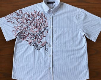 Derschutze Japanese sewn cherry blossom tree embroidery striped shirt vintage