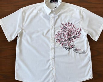 Derschutze Japanese sewn cherry blossom tree embroidery cream shirt vintage