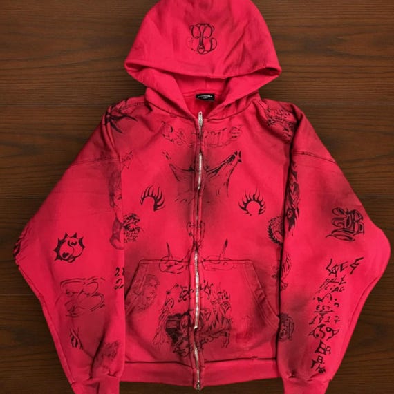 Balenciaga Red Tattoo Zip up Hoodie - Etsy