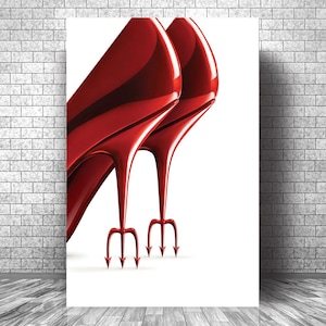 May include: A poster featuring two red high-heeled shoes with trident-shaped heels. The shoes are glossy and appear to be dripping. The background is white, with a brick wall and wooden floor.