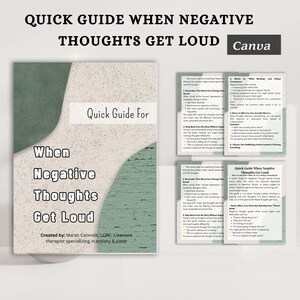 Op de afbeelding: Een snelle gids getiteld "Quick Guide When Negative Thoughts Get Loud" met een Canva-logo. De cover bevat tekst en een abstract ontwerp in groen en wit. De gids is gemaakt door een erkende therapeut die gespecialiseerd is in angst en slaap.