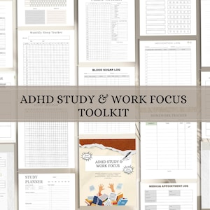 Puede incluir: Una colección de páginas de planificador imprimibles para estudio y trabajo, que incluyen un rastreador de sueño, un registro de medicamentos y un rastreador de tareas. La imagen central presenta el texto "ADHD Study & Work Focus Toolkit."