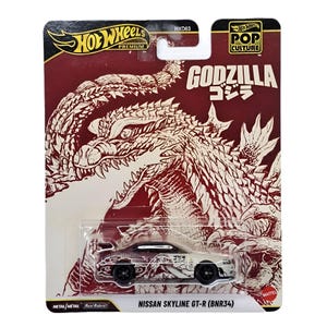 Coche de colección Hot Wheels Nissan Skyline GT-R R34 Godzilla a escala 1/64 – Pop Culture Real Riders