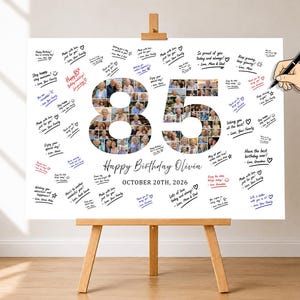 Könnte beinhalten: Ein weißes, rechteckiges Geburtstagsschild auf einer Holzstaffelei mit der Zahl 85, die aus vielen kleinen quadratischen Fotos besteht. Der Text lautet Happy Birthday Olivia und OCTOBER 20TH, 2026, umgeben von handschriftlichen Nachrichten.
