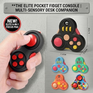 Pode incluir: Console fidget preta com detalhes vermelhos e amarelos, medindo 7,3 cm x 6,7 cm x 2,6 cm. A consola tem vários botões e um joystick. O texto diz "THE ELITE POCKET FIDGET CONSOLE | MULTI-SENSORY DESK COMPANION" e "NEW! ELITE 6-IN-1 FOCUS PAD."