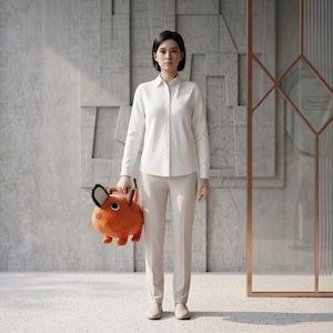 May include: A person wearing a white button-down shirt and beige pants holds an orange plush toy with a chainsaw design. The toy has a black and white chainsaw blade and a smiling face. The background features a textured gray wall and a glass door.